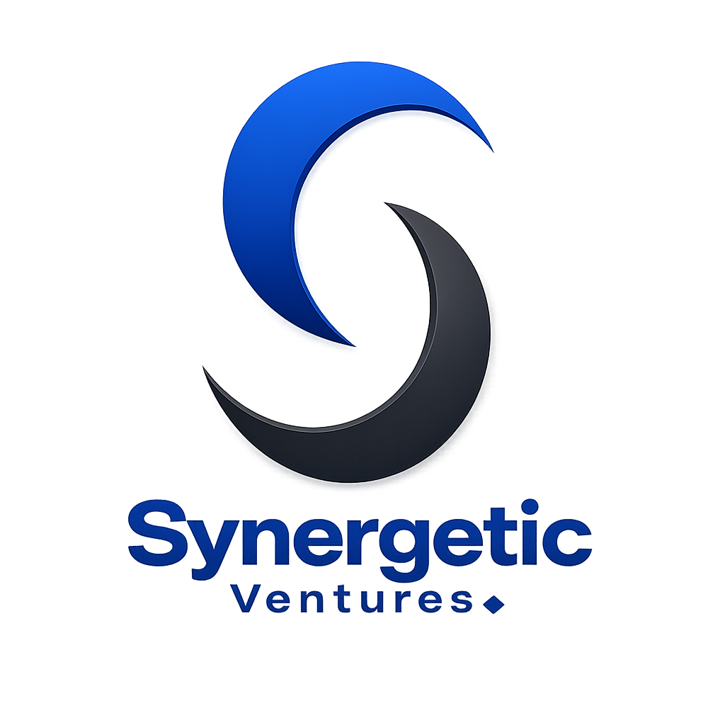 3D blue and dark gray crescent logo forming an S, with the text 'Synergetic Ventures' below.